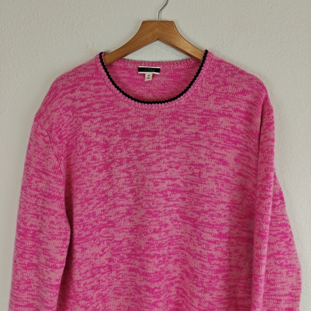 J.Crew Relaxed Cashmere Pink Crewneck Sweater Black Trim Classic Cozy Knit M - Picture 7 of 13